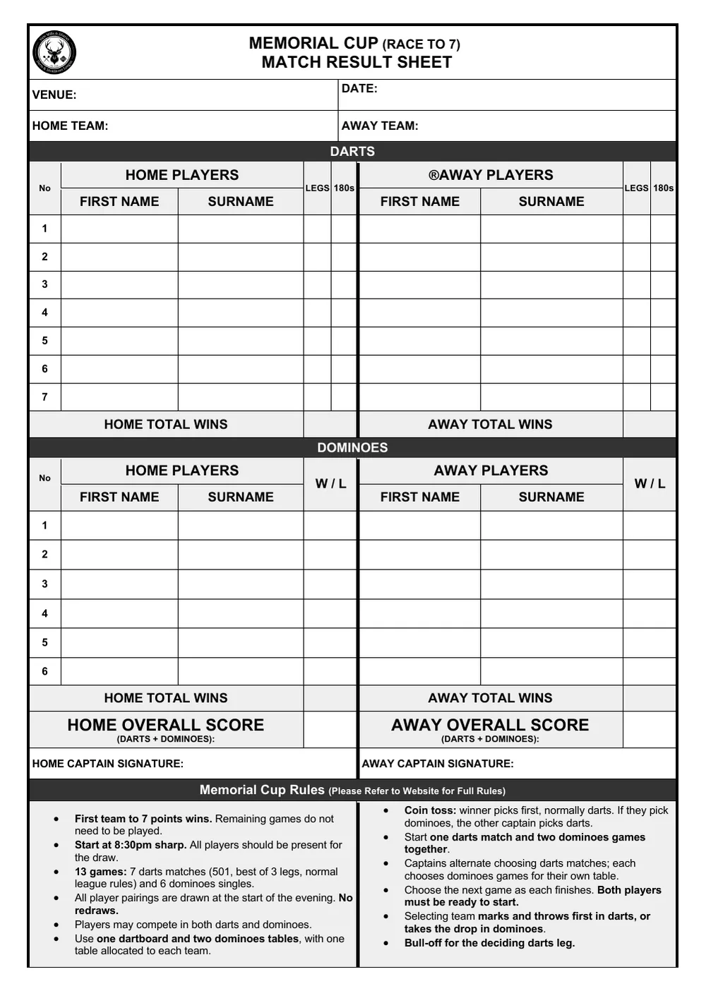 Memorial Cup match result sheet with boxes for 7 darts games, 6 dominoes games and the cup rules
